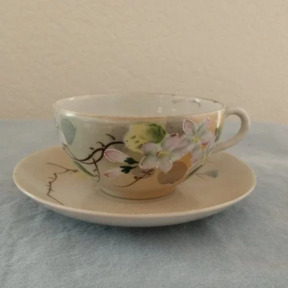 MID CENTURY MODERN JAPAN GREEN STAMP FLORAL TEA CUP SET JAPANESE BLOSSOMS - Picture 1 of 16